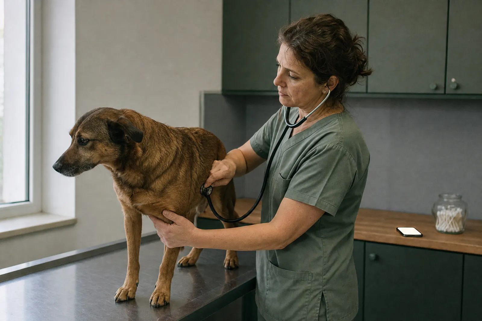 Veterinarka stetoskopom pregledava psa na stolu, a na pultu iza nje svijetli mobitel.